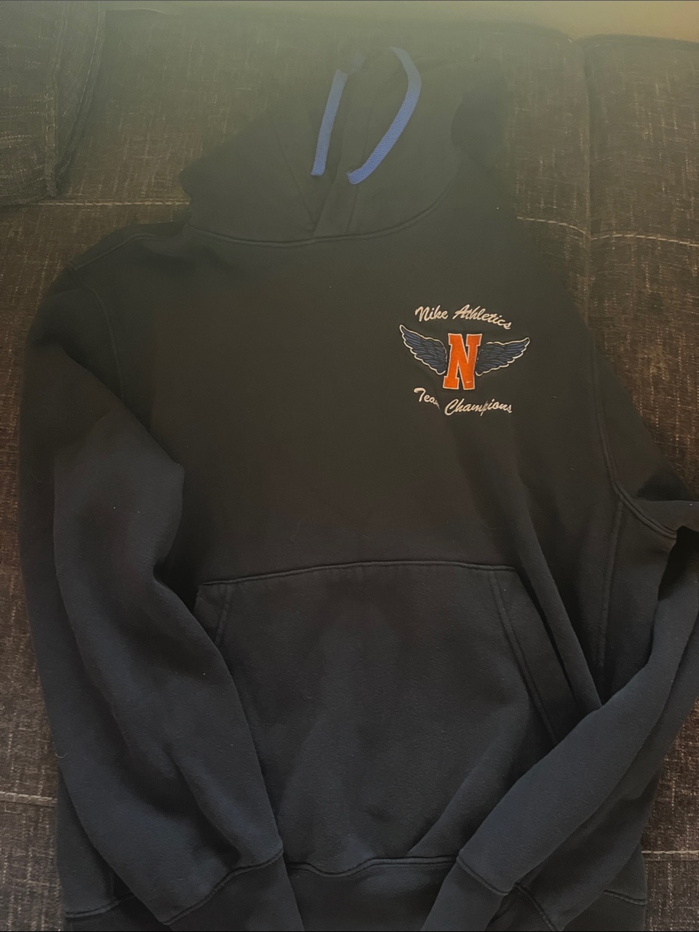 Nike Black Hoodie with Orange 'N' and Blue Drawstrings
